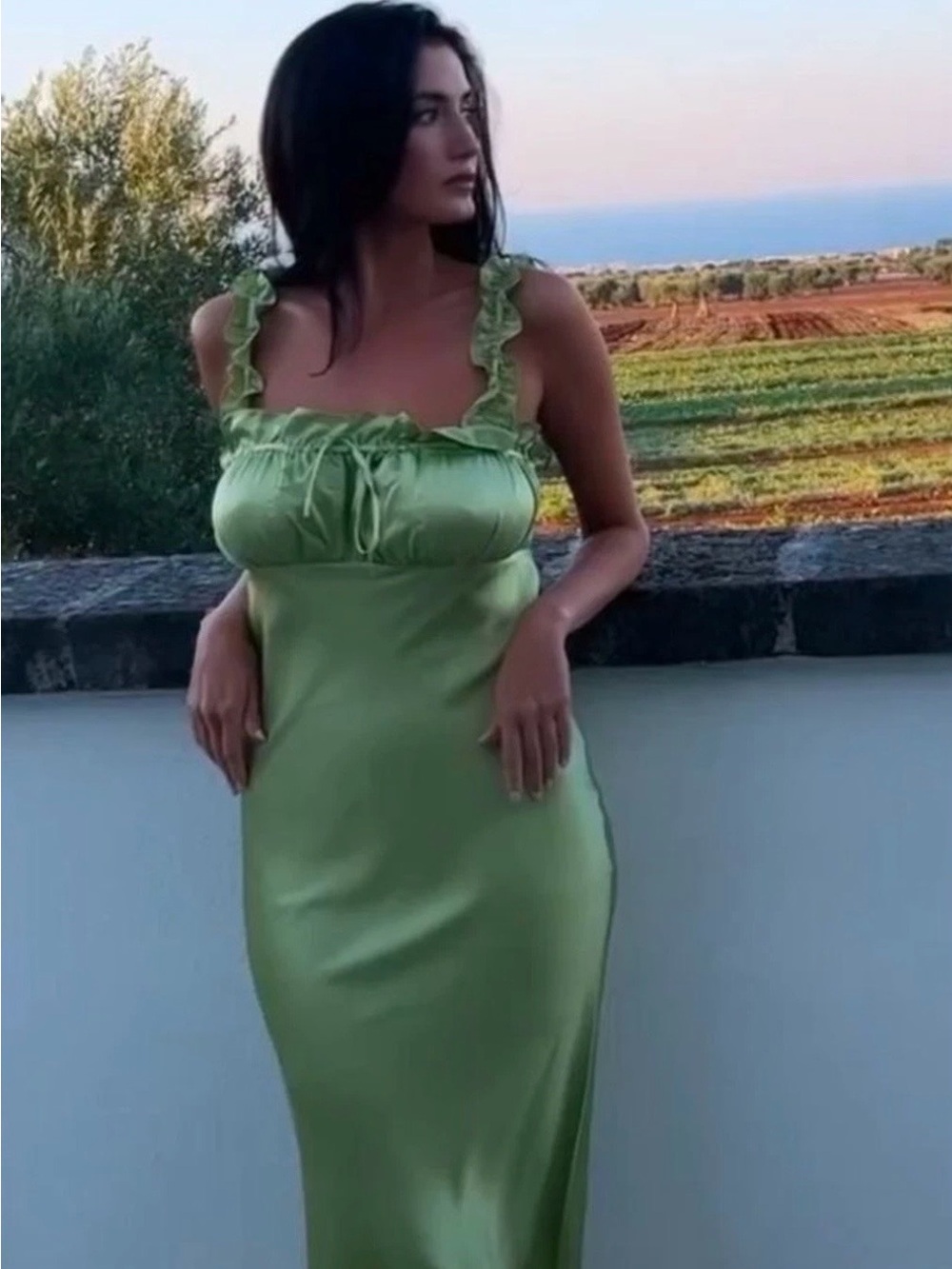 Reformation Light Green Satin Ruffle-Strap Maxi Dress